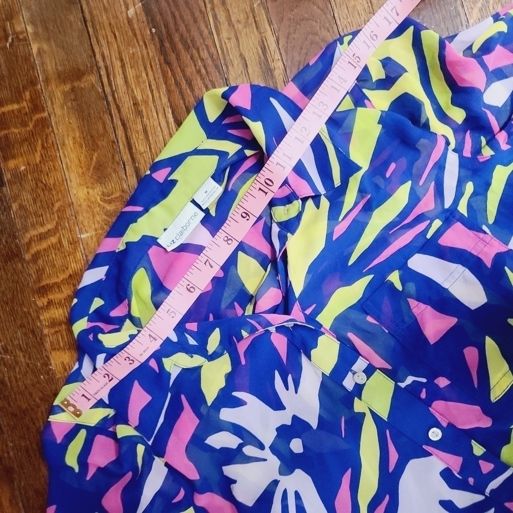 Neon Colorful Geometric Liz Claiborne Blouse Medium Career Semi Sheer - Picture 8 of 14